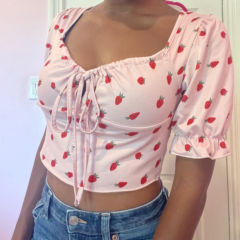 Pink SHEIN strawberry print knot detail tee